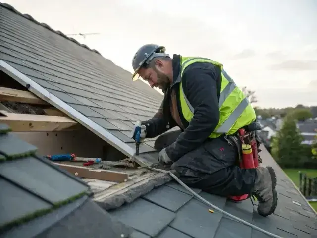 Helping Homes Roof crew member installing shingles